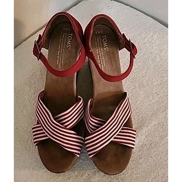 Toms Cork Wedge Sandels 8.5 Red University Stripe Canvas Heels Summer Beachy - Picture 2 of 14